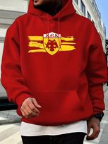 Lingmoyun Casual hoodie Sweatshirt - Vibrant Red with Bold Yellow & Black Shield Logo Print XXL red