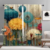 Vintage Wood Dandelion Dragonfly Curtain Panels,Colorful Chrysanthemum Wild Floral Insect Digital Print Drapes for Bedroom Decor 53x116CM-2PC orange