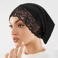 Hijabo pamušalas su nėriniais Musulmoniškas turbanas Islamo apatinis skara Hijabo kepuraitė Minkštas tampus Hijabų vamzdelio formos kepuraitė Turbante juoda