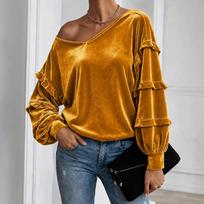 Women's Casual Velvet V-Neck Top with Ruffled Hem and Sleeves XL orange
