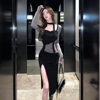 Spice girl pure desire square collar neck split dress season new women's clothing waist splicing hip wrap medium and long dress 2XL juoda