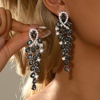 Elegant Long Drop Earrings Women With Crystal Accents Geometric Design Lightweight Alloy Statement Jewelry MS574-8 Silver Black black