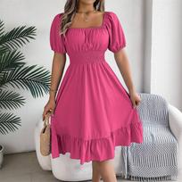Women's Fashionable Retro Color Square Collar Fungus Hem Waist A,line Long Skirt Short,sleeved Dress XL pink