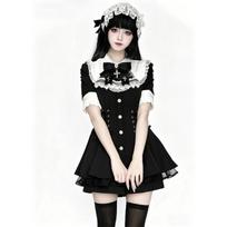 Snowflake Time: Japanese Lolita Bib Bow Tie Waist-Cinching Stand-Collar Short-Sleeve Dress Set Large white