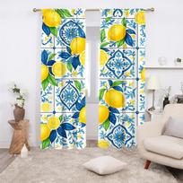 2Pcs, Multicolor, Lemon And Blue Mediterranean Tile Print Curta, For Bedroom And Living Room, Rod Pocket Style 24x59in(60x150CM)x2&Rod Pocket&2 panels yellow