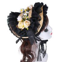 Victorian Lace Designs Straw Bonnet Hat For Women With Ruffled Trim and Rose Flower For Cocktail Party And Cosplay Event juoda