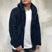 Men's Teddy Bear Fleece Coat Cardigan Winter Warm Hooded Coat Long Sleeve Pocket Button Hooded Warm Coats XXL tamsiai mėlyna spalva