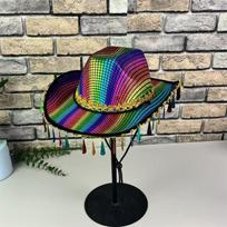 Square rainbow sequins fringed cowboy hat party show hat colorful pearlescent western hat halloween decorative hat M（56-58cm） black