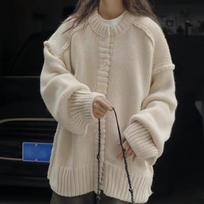 Solid color reverse-set knitted women's cardigan autumn and winter new lazy style casual loose round neck cardigan jacket one size fits all balta