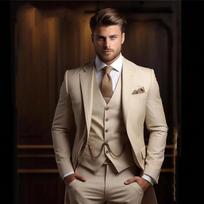 3 dalių madingi smėlio spalvos kostiumai vyrams Formaliems vakarėliams Verslo švarkas su atverčiamomis atlapomis Vestuvėms Jaunikio smokingo švarkas Liemenė Kelnės Homme 3XL beige