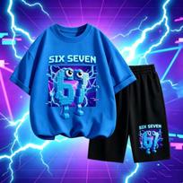 Men's Cartoon 67 Fun Printed 15 Colors Outdoor Street Men's T-shirt and Shorts 2 Piece Set Summer Casual Outfit Men's and Women's Sports Set XXS blue