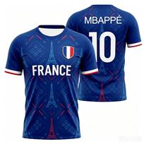 Mbappe 10 Futbolo marškinėliai Subtilus šešiakampis žakardinis raštas Auksiniai užrašai Prancūzijos skydo herbas Apvali apykaklė Dvipusis spaudinys 3XL