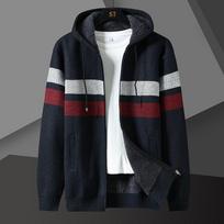 Žieminis dryžuotas vyriškas megztinis paltas storas vilnonis šiltas vilnos užtrauktukas su gobtuvu Megztiniai su kardiganu Vyriški megztiniai ilgomis rankovėmis 4XL tamsiai mėlyna spalva