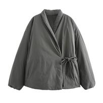 Moteriška surišama wrap kimono stiliaus striukė V formos iškirpte ilgomis rankovėmis su pašiltinimu šilta striukė paltas 2026 pavasaris ruduo nauja moteriška vienspalvė viršutinė apranga S black