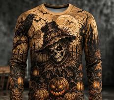 Men Vintage Halloween Long Sleeve T-shirt Grim Reaper Scarecrow Pumpkin Crow Graphic Crewneck Gothic Streetwear Top L brown