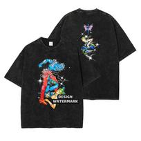 Anime JOJO Steel Ball Tshirts Oversized Vintage Washed Run Zeppeli Tshirt Manga Stone Ocean T Shirt Tops Tees Unisex 100Cotton M black