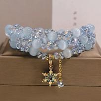 Elegant Blue Cat's Eye Multi-layer Bracelet with Snowflake Pendant and Crystal Beads for Women - A Light Luxury, High-End Design white