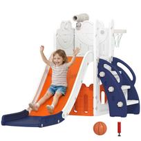 5 in 1 Kids Slide Set with Basketball Hoop, Climbing Frame, Telescope, Storage Box for Toddlers Ages 1-3, Orange 178 x 70 x 86 cm
