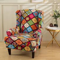 Stretch Print Wing kėdės užvalkalas Spandex elastiniai fotelio užvalkalai Europe Wingback Relax sofos užvalkalai su sėdynės pagalvėlės užvalkalu black