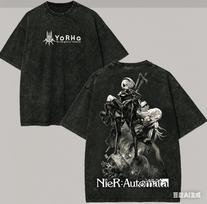 NieR Automata Washed T-shirt 2026 New Model personality Clothes shirt Year round clothing Retro Fashion Vintage Loose Couples 2XL black