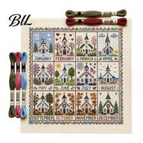 Handcrafted Home Wall Hanging 12-Month Cross Stitch Kit, DIY Four Seasons Embroidery Seasonal Easy Pattern for Novice Stamped Stitching Craft B