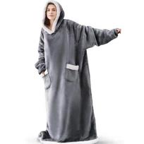 Moteriškas itin ilgas flanelinis Kalėdinis pižamos chalato komplektas su vertikaliomis kišenėmis - storas, šiltas ir atsparus šalčiui Single Pocket, Length 90cm, With Hood 120cm gray