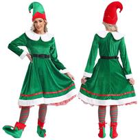 Moterų mielas Kalėdų elfės kostiumas Skambutis Flanelinis suknelė su diržu Kepurė Dryžuotos kojinės Batai 5 dalių Cosplay rinkinys S žalia