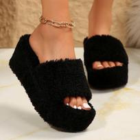 Platform Women's Slippers Wedge Fluffy Slides Fur Slippers for Women Winter Open Toe Indoor Shoes Comfortable Fashion Sandals 37 brown