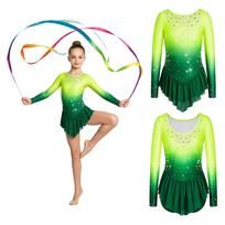 Merginų ritinės gimnastikos triko U formos nugara, ilgomis rankovėmis, žvilgantys cirkonio akmenukai, gradiento peplumas šokių varžyboms, scenos pasirodymams 15-16 Years žalia