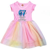 9194 Kids Girls Steal a Brainrot 67 Six Seven Print Short Sleeve Cotton Casual Rainbow Dress 130cm rožinė