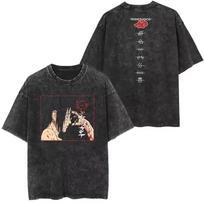 Japanese anime Naruto Jiraiya printed oversized handsome vintage washed short sleeved T-shirt trendy M black