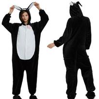 Jaukus unisex suaugusiųjų gyvūno flanelinis kombinezonas pižama su šoninėmis kišenėmis Black Cat,XL white