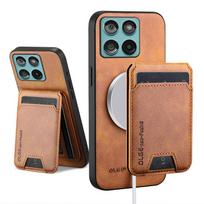 Magnetinis odinis dėklas Motorola Moto Edge 60 60s 70 X70 G86 G06 Pro Fusion, su rašiklio laikikliu, kortelių laikikliu, nuimama piniginės dangtelis Motorola Moto G100S ruda