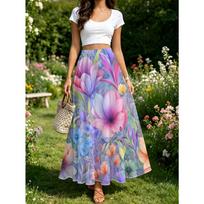 Vibrant Floral Print Design Women's Summer Casual Fashion Vacation Style Maxi Skirt 3XL gray