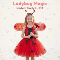 Girls Ladybug Costume Dress with Tulle Skirt and Wings for Halloween Party Cosplay Animal Performance Dress Up Set M raudona