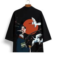 Vyriška tradicinė japoniška yukata su gervės ir slyvos žiedų raštu, laisvalaikio chalatas XXXXL black