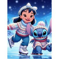 Disney Pearl Painting Lilo and Stitch Ice Skating Winter Healing Creative Art 5D Exquisite Landscape Sparkling Craft HomeWallDecorationDIYHandmadeGift 45x55cm blue