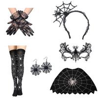 Helovino Voratinklio Kostiumas Moterims Juodi Nėriniai Galvos Juosta Chokeris Pirštinės Voratinklio Apsiaustas Kaukė Aukštakulnės Ilgos Kojinės 6pcs black