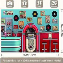 1950s Retro Diner Jukebox Backdrop Banner, 50s Sock Hop Theme Party Decor, Nostalgic Photo Background for Garage Yard Indoor Outdoor Celebration 80CMx120CM white