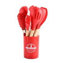 Silikoninių virtuvės įrankių rinkinys, nelipnūs indai su medinėmis rankenomis 12-Piece Set raudona