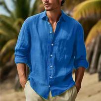 Vyriški lininiai marškiniai su sagomis Vasariniai marškiniai paplūdimiui Vienspalviai XL karališkos mėlynos spalvos