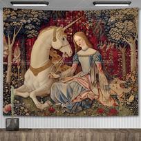Dama ir vienaragis gobelenas Viduramžių gobelenas Sieninė dekoracija Spausdinti namų dekoro gobelenai Fonas Kambario uždanga lovai 150X100CM 60x40in