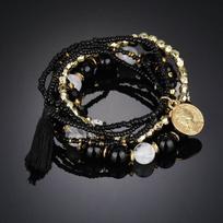 6Pcs/Set Bohemian Beaded Multi-layer Bracelet For Women Vintage Fashion Metal Coin Pendant Tassel Bracelet Vacation Jewelry Gift gray