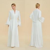 Individualizuotas naktinis chalatas ryto chalatas moteriškas nuotaka pamergė su plunksnų šaltiniu prancūziškas lengvas prabangus elegantiškas chalatas pižama individualus M white