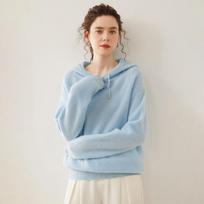 Women's Cashmere Yuanbao Stitch Hoodie - Loose Fit, Thick Knit, Age-Reducing, Casual for Autumn and Winter Large kūdikio mėlyna spalva