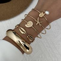 Summer Ocean Shells Starfish Pearls Bracelets Set for Women Alloy Iron Sunlit Radiance Stackable Beach Vacation Jewelry Gifts brown