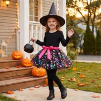Mergaičių Halloweeno spausdinta tiulio moliūgo sijonų 3 dalių komplektas su raganos skrybėle ir 120 white