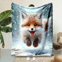 Cozy Flannel Fox Print Blanket-Ultra-Soft Plush Double-Sided All-Season Bedspread, 100% Fox & Snow Design in Brown/White/Gray/Black, Perfect for Home, 75X95CM gray