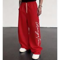 Women Men's Trousers Cuff Signature-Like Print Wide-Leg Fit Casual Sports 3D Printing Pants XL red