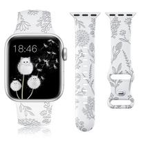 Gėlėmis graviruotas dirželis Apple Watch Ultra2 49MM 41/40/38 Dobilų gėlių raštas Silikoninis dirželis 46mm 45mm 44mm 42mm iWatch 10/9/8/7/6/5/4/3/SE 42mm 44mm 45mm 49mm balta
